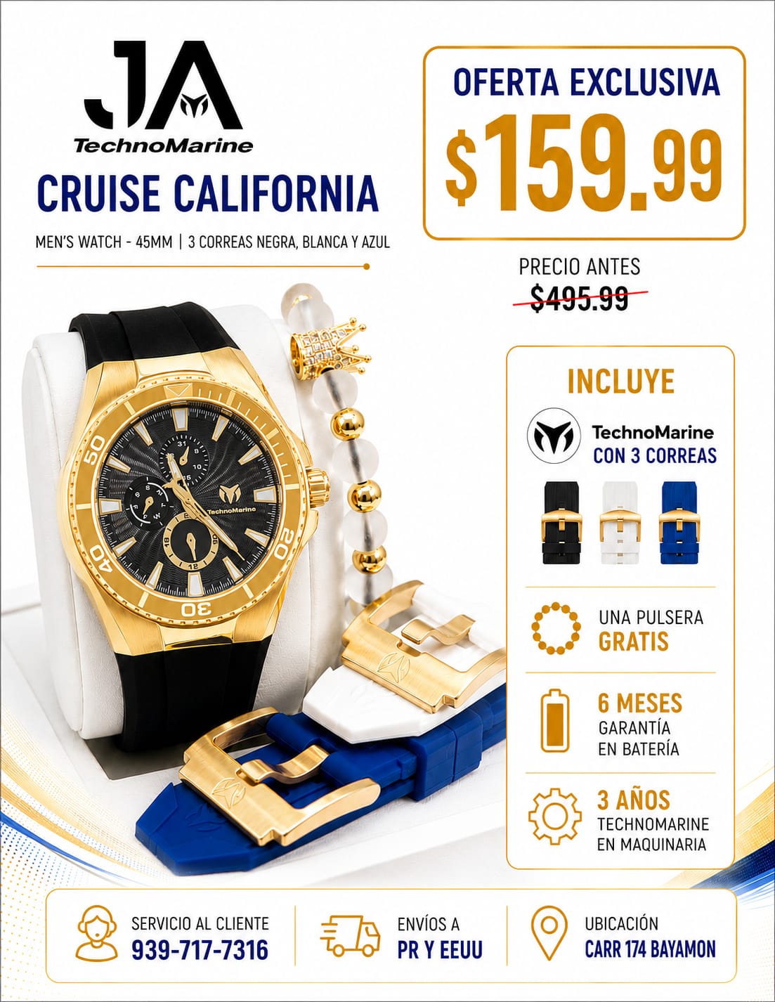 TechnoMarine Cruise California Men's Watch - 45mm, Black, White, Blue with + 5% De Descuento  Incluye 3 Correas, Negra, Blanca y Azul