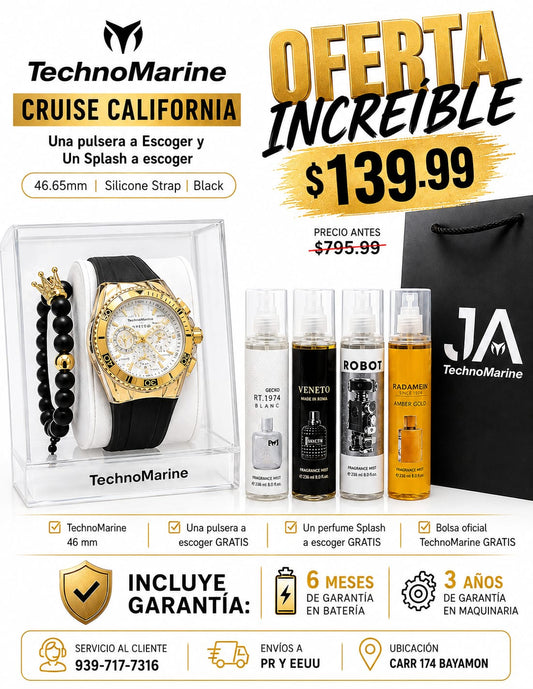 TechnoMarine Cruise California Una pulsera a Escoger y Un Splash 46.65mm,with Silicone Strap, Black