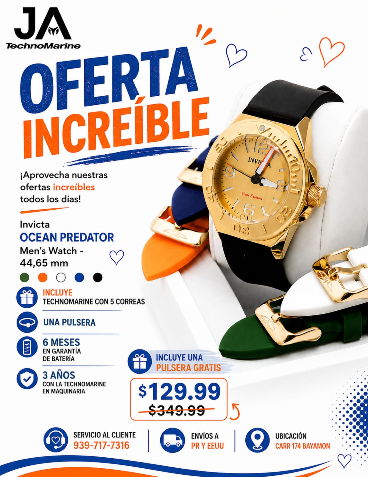 Invicta OCEAN PREDATOR Men's Watch - 44.65 mm, Green, Orange, White, Blue, Black with Interchangeable Strap (Una Pulsera Gratis)