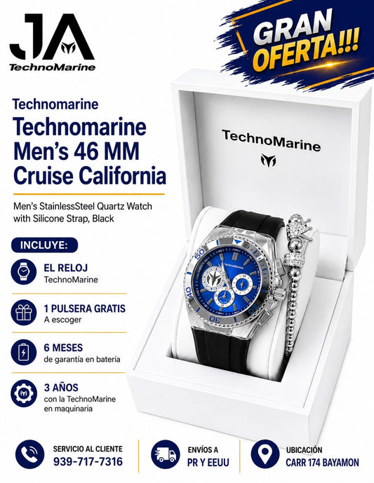 Technomarine Men's 46 MM  Cruise California Men's StainlessSteel Quartz Watch with Silicone Strap, Black