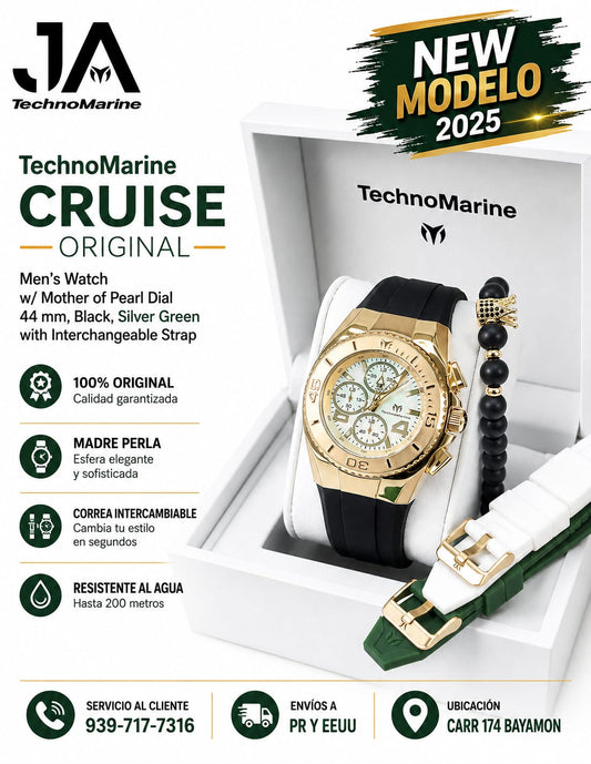 New Modelo 2025  TechnoMarine Cruise Original Men's Watch w/ Mother of Pearl Dial 44 mm, Black, Silver Green with Interchangeable Strap