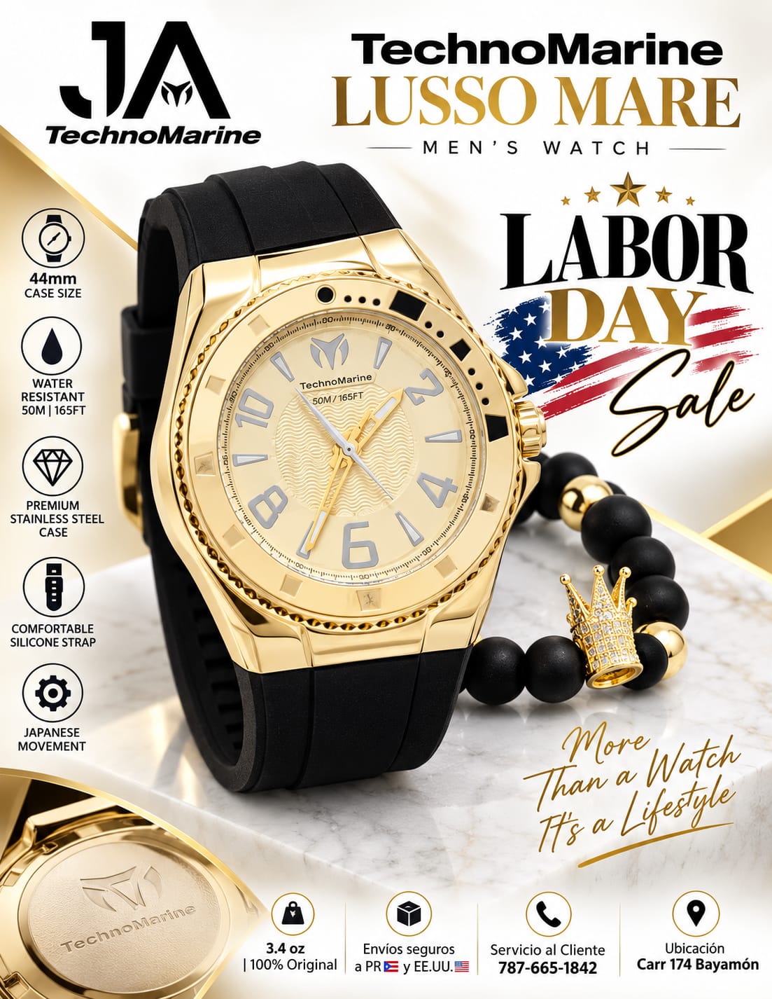 TechnoMarine Lusso Mare Men's Watch Gold 44mm Incluye Pulsera