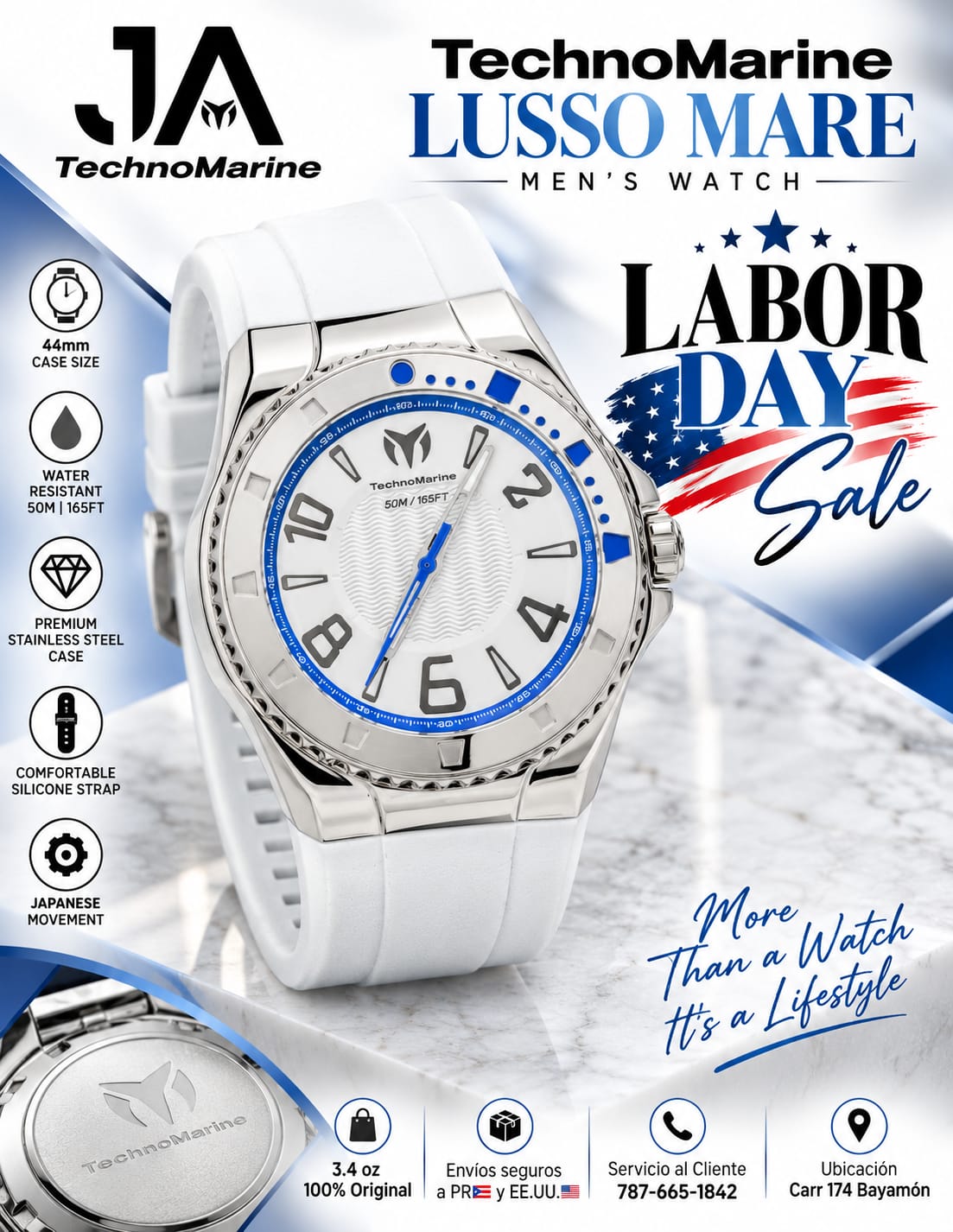 TechnoMarine Lusso Mare Men's Watch White 44mm Incluye Pulsera