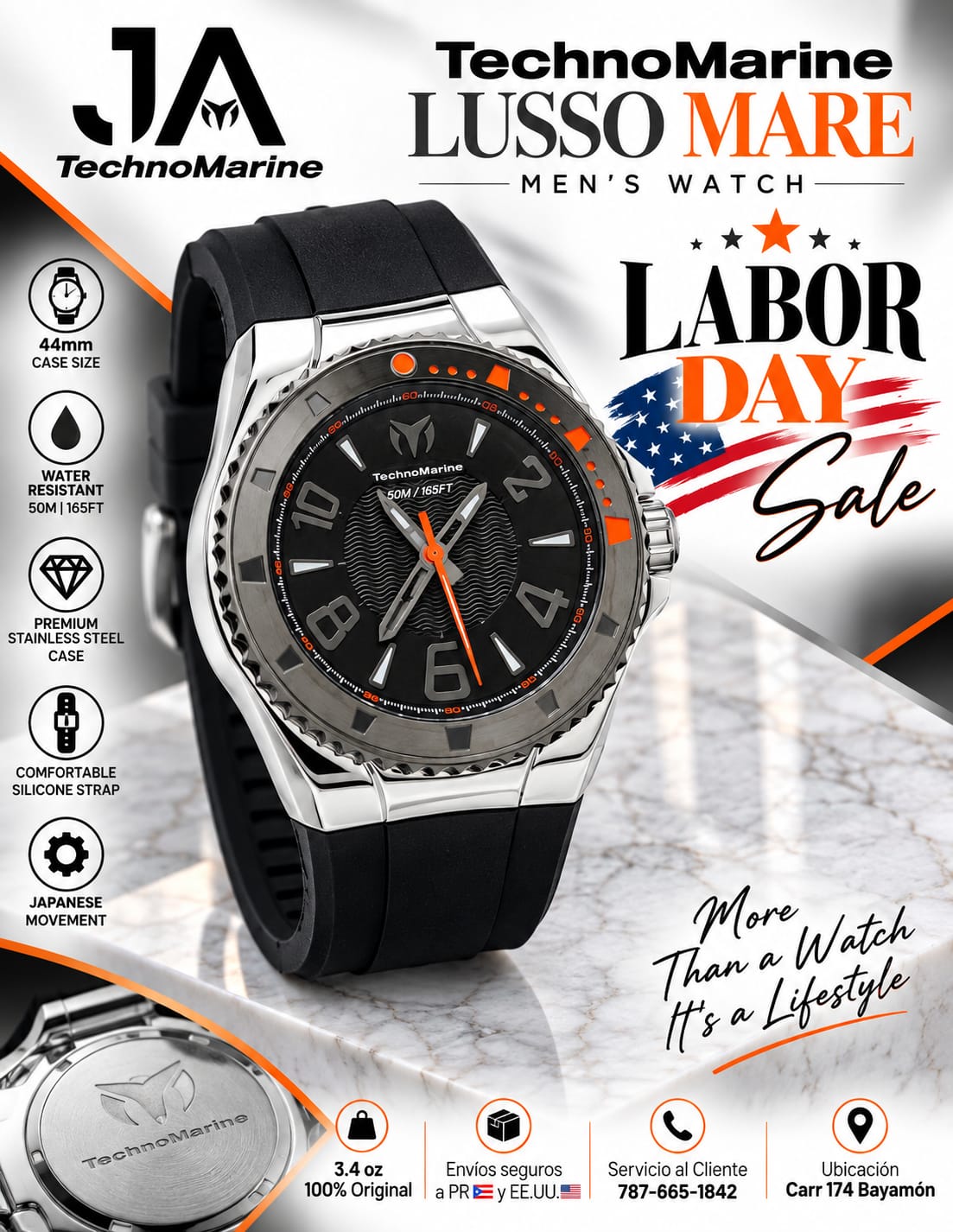TechnoMarine Lusso Mare Men's Watch Black 44mm Incluye Pulsera