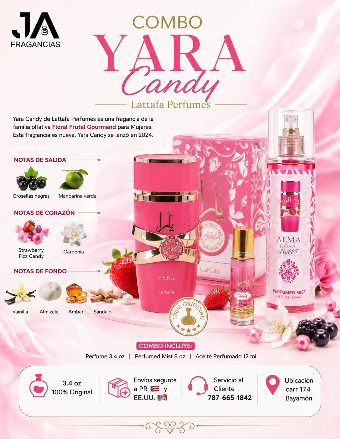 Combo Yara Candy Perfume, Splash y Aceite W 3.4 OZ