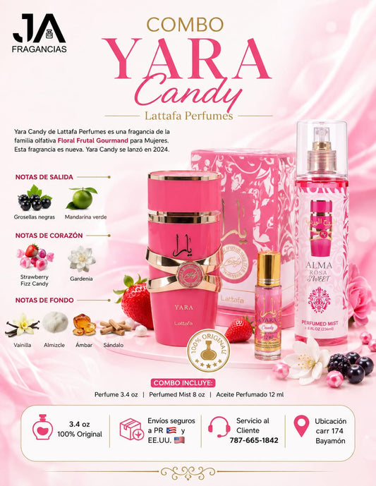 Combo Yara Candy Perfume, Splash y Aceite W 3.4 OZ