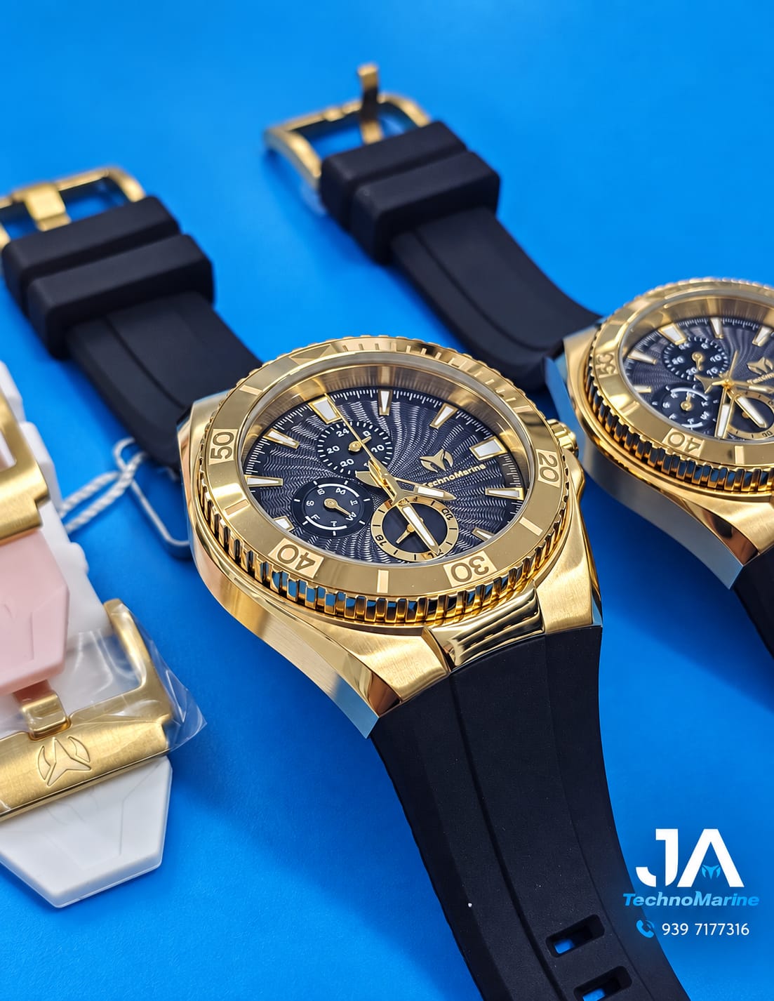 Set TechnoMarine Cruise California Men's Watch - 45mm, Black, White, Blue Incluye 3 Correas, Negra, Blanca y Azul  &  Technomarine 40mm Cruise Chronograph Quartz Gold Dial Unisex Watch Dos Pulsera Gratis Negra, Blanca y Rosa