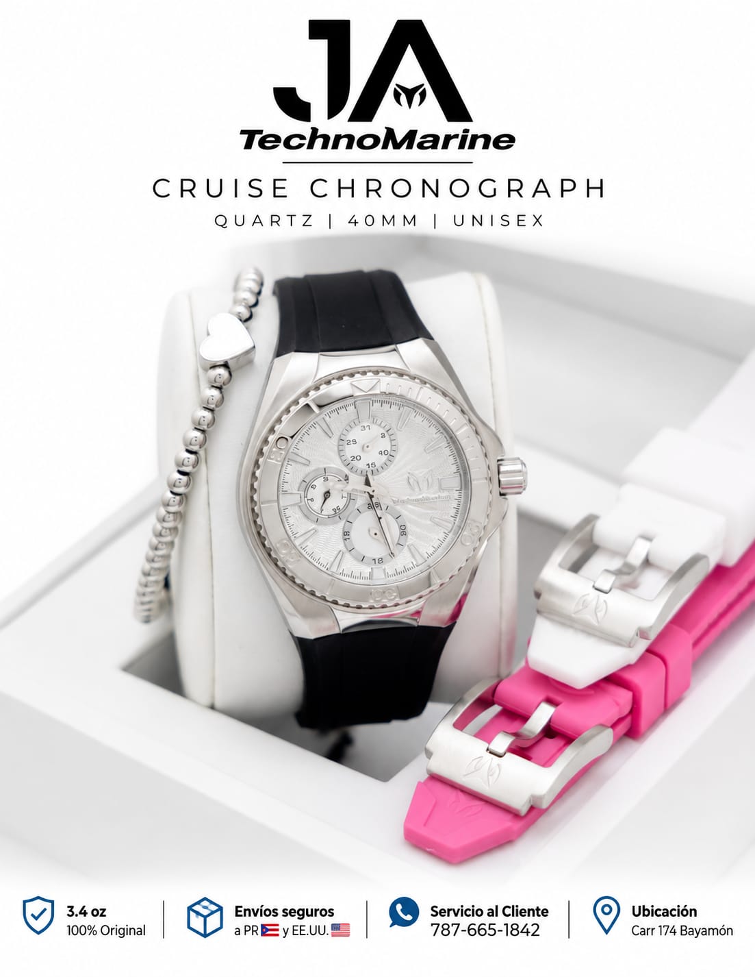 Technomarine 40mm Cruise Chronograph Quartz Dial Unisex Watch Silver Una Pulsera Gratis