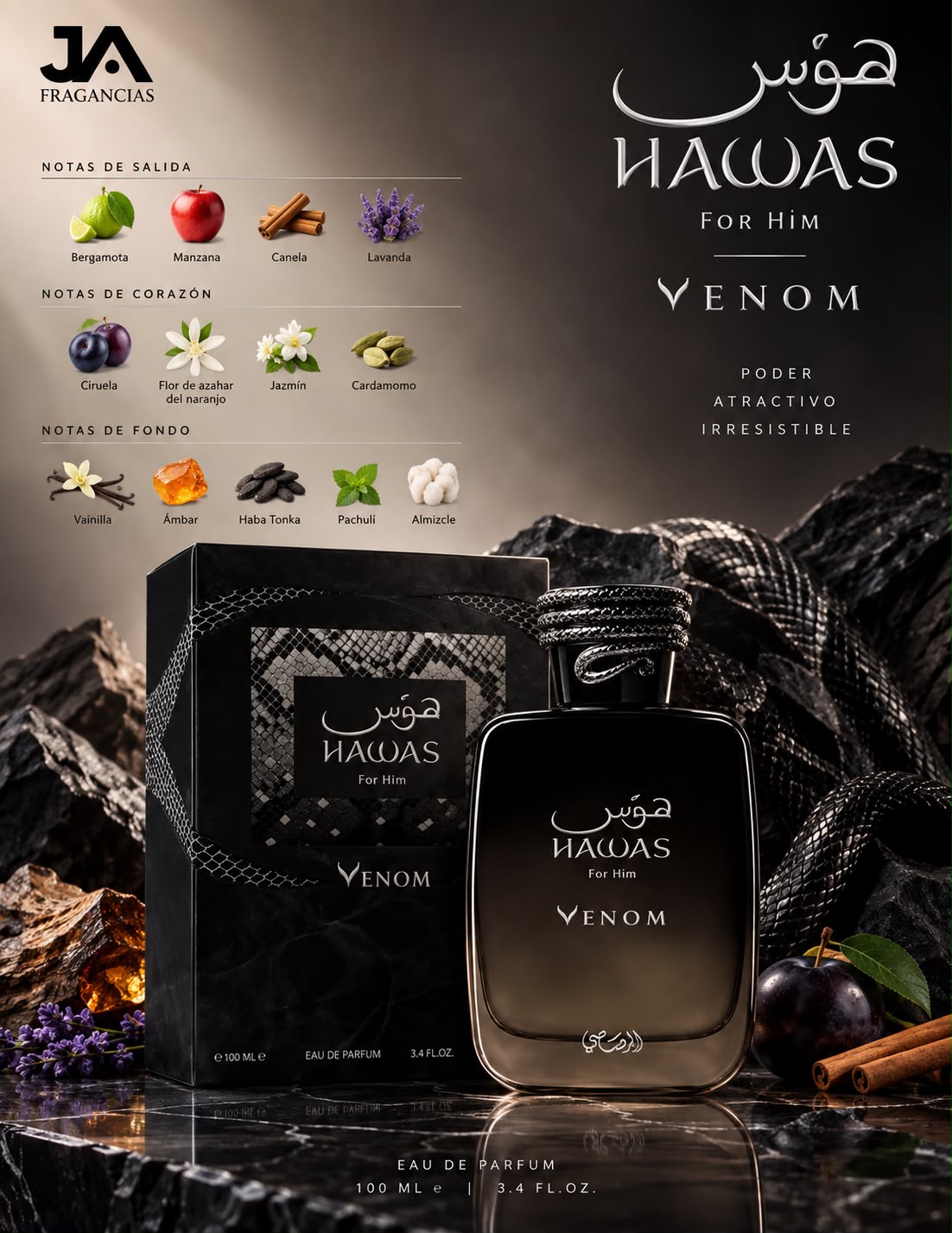 Hawas Venom Rasasi 3.38OZ + 5% De Descuento Adicional