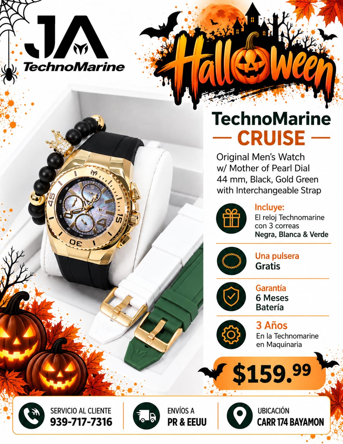 TechnoMarine Cruise Original Men's Watch w/ Mother of Pearl Dial 44 mm, Black, Gold Green with Interchangeable Strap