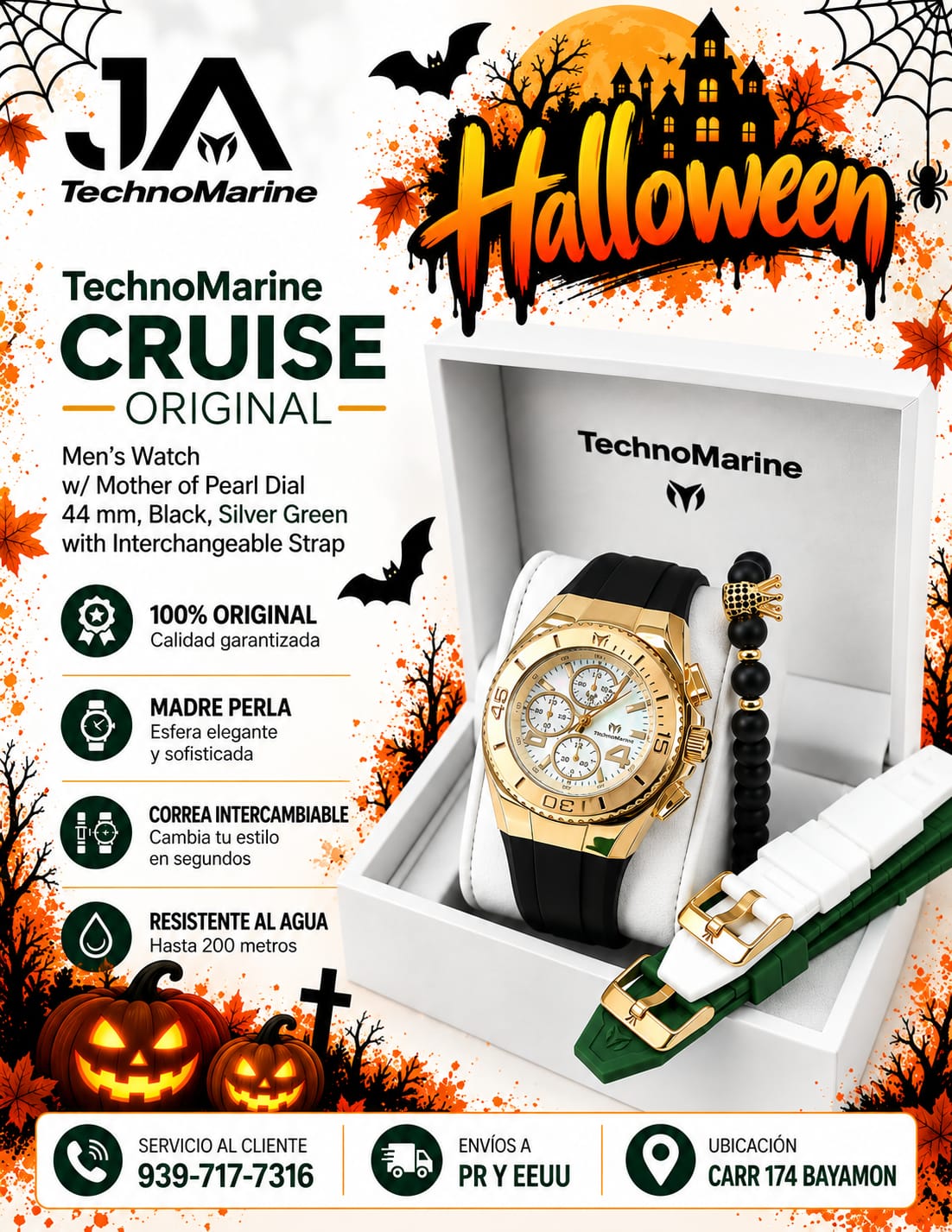 TechnoMarine Cruise Original Men's Watch w/ Mother of Pearl Dial 44 mm, Black, Silver Green with Interchangeable Strap