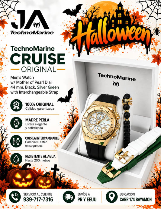 TechnoMarine Cruise Original Men's Watch w/ Mother of Pearl Dial 44 mm, Black, Silver Green with Interchangeable Strap