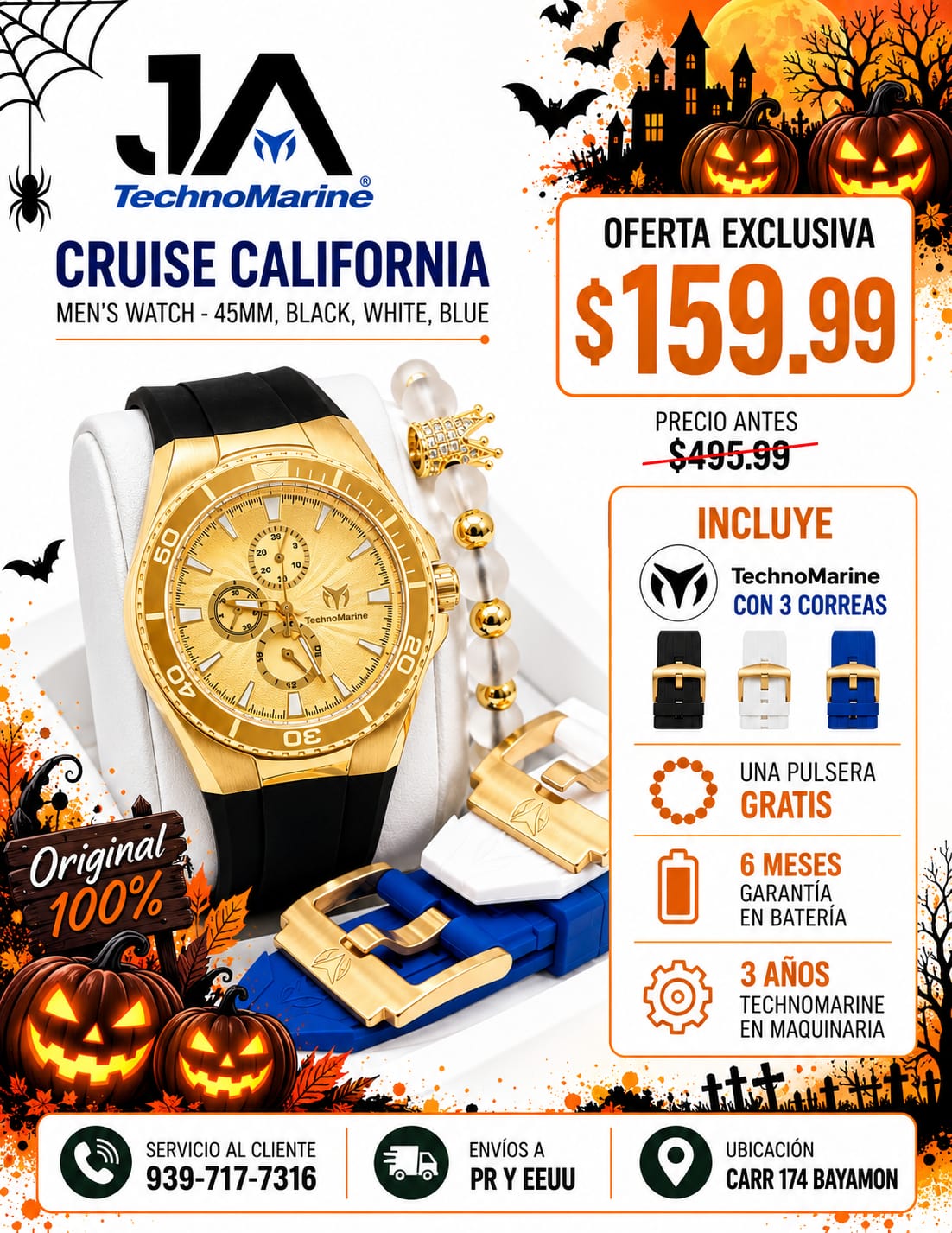 TechnoMarine Cruise California Men's Watch - 45mm, Black, White, Blue  Incluye 3 Correas, Negra, Blanca y Azul