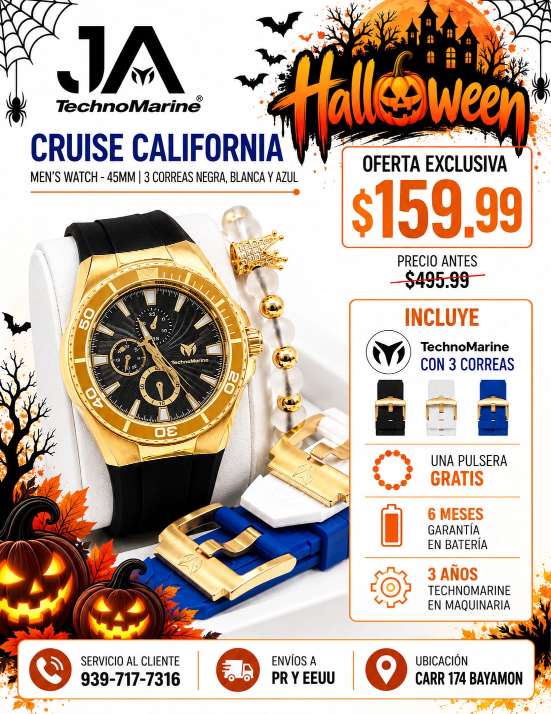 TechnoMarine Cruise California Men's Watch - 45mm, Black, White, Blue with + 5% De Descuento  Incluye 3 Correas, Negra, Blanca y Azul