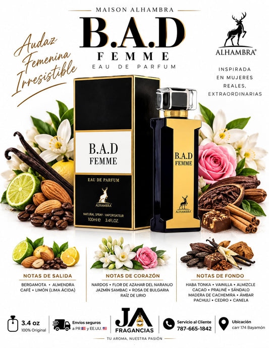 B.A.D FEMME MAISON ALHAMBRA EAU DE PARFUM 3.4OZ 5% DE DESCUENTO ADICIONAL