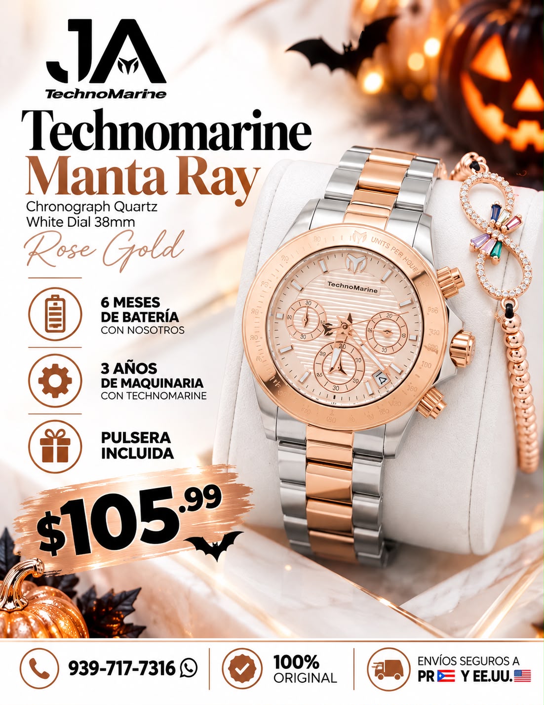 Technomarine Manta Ray Chronograph Quartz White Dial 38mm Rose Gold Incluye Pulsera