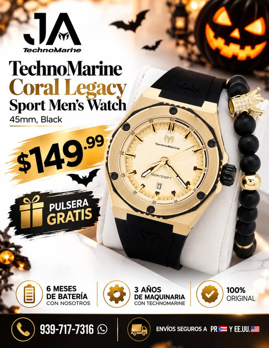 TechnoMarine Coral Legacy Sport Men's Watch  45mm, Black , Pulsera Gratis