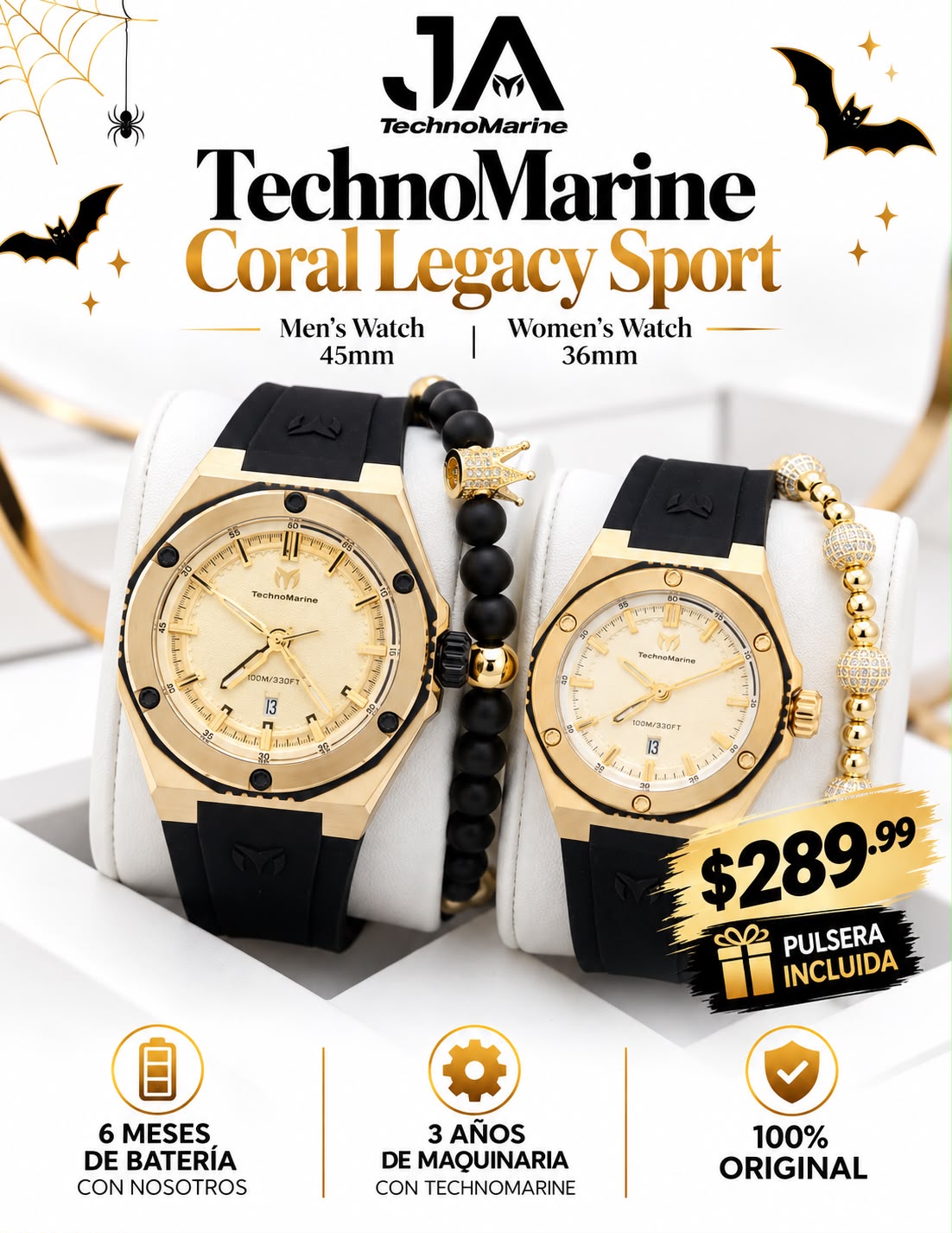 TechnoMarine Coral Legacy Sport Men's Watch  45mm, Black, TechnoMarine Coral Legacy Women Watch - 36mm,2 PULSERA GRATIS