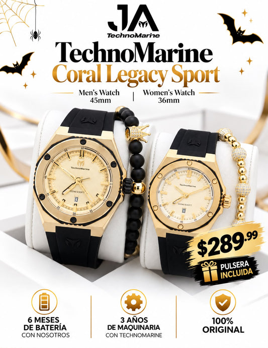 TechnoMarine Coral Legacy Sport Men's Watch  45mm, Black, TechnoMarine Coral Legacy Women Watch - 36mm,2 PULSERA GRATIS