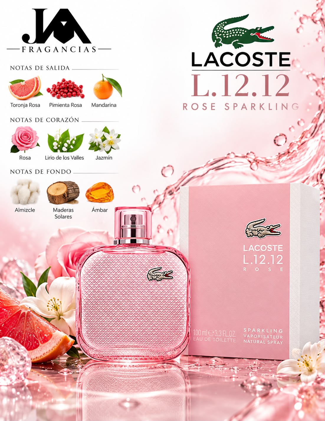 Lacoste L.12.12 Rose Sparkling Eau De Toilette 3.3oz