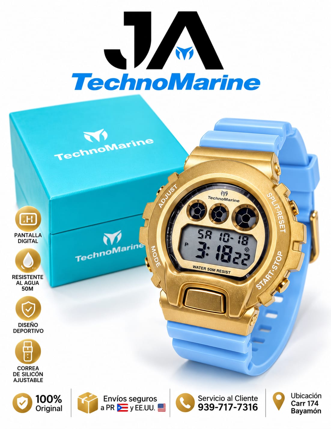 TechnoMarine HydraTech Mariner Digital Men’s Watch – Gold & Blue 45mm