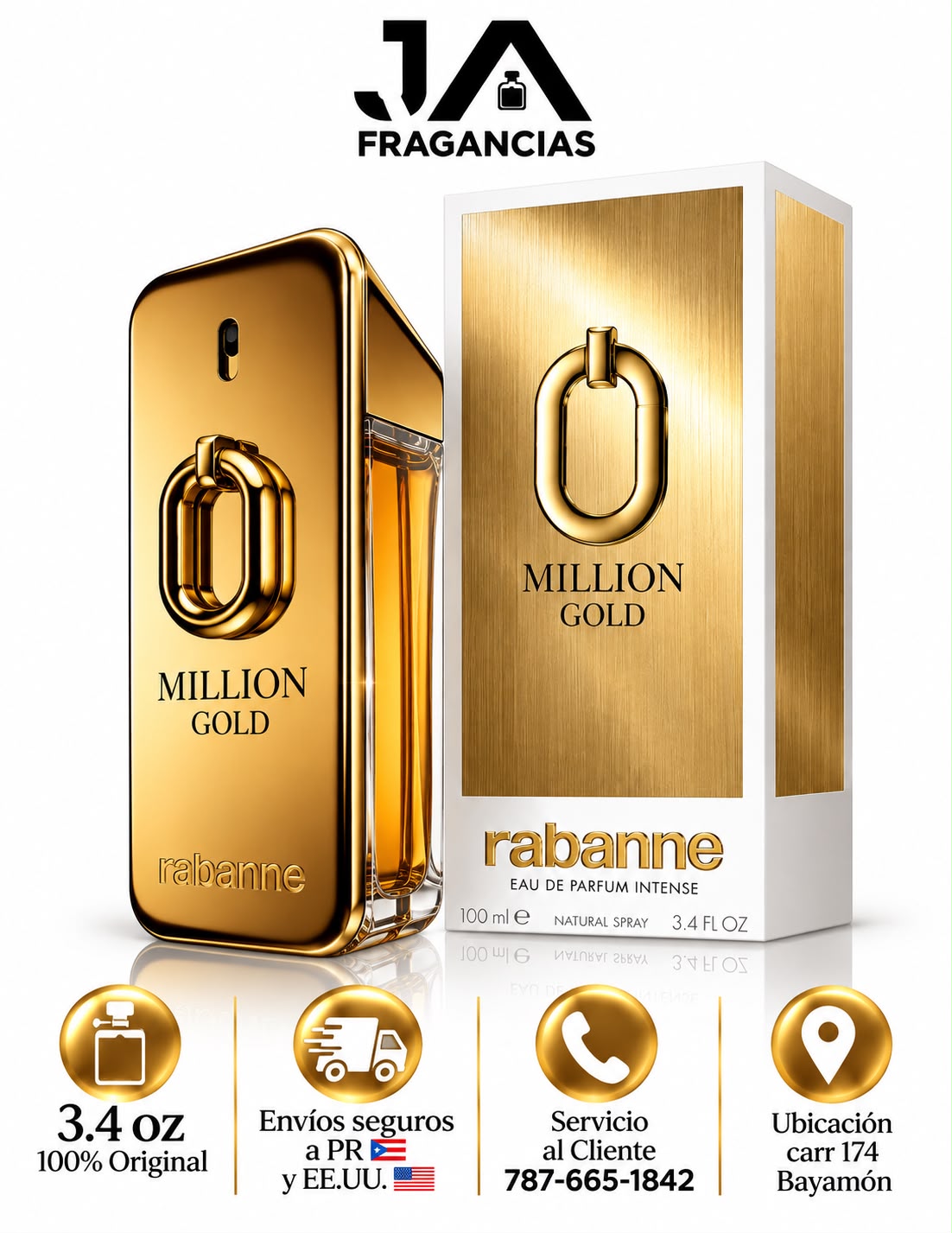 MILLION GOLD EAU DE PARFUM INTENSE RABANNE 3.4 OZ + 5% DE DESCUENTO ADICIONAL