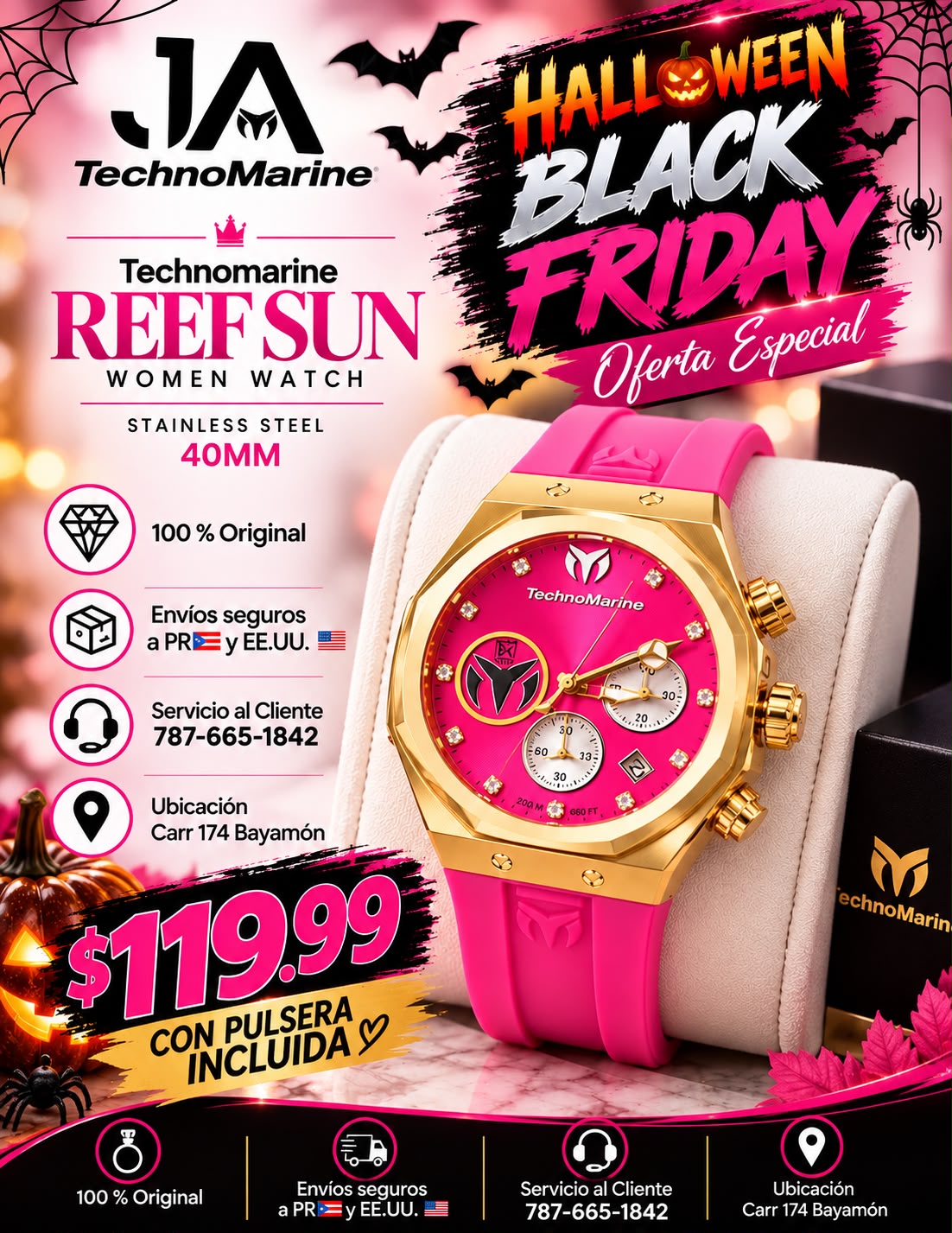 Technomarine Women Reef Sun Stainless Steel Quartz Watch With Silicone Strap 40mm Pink