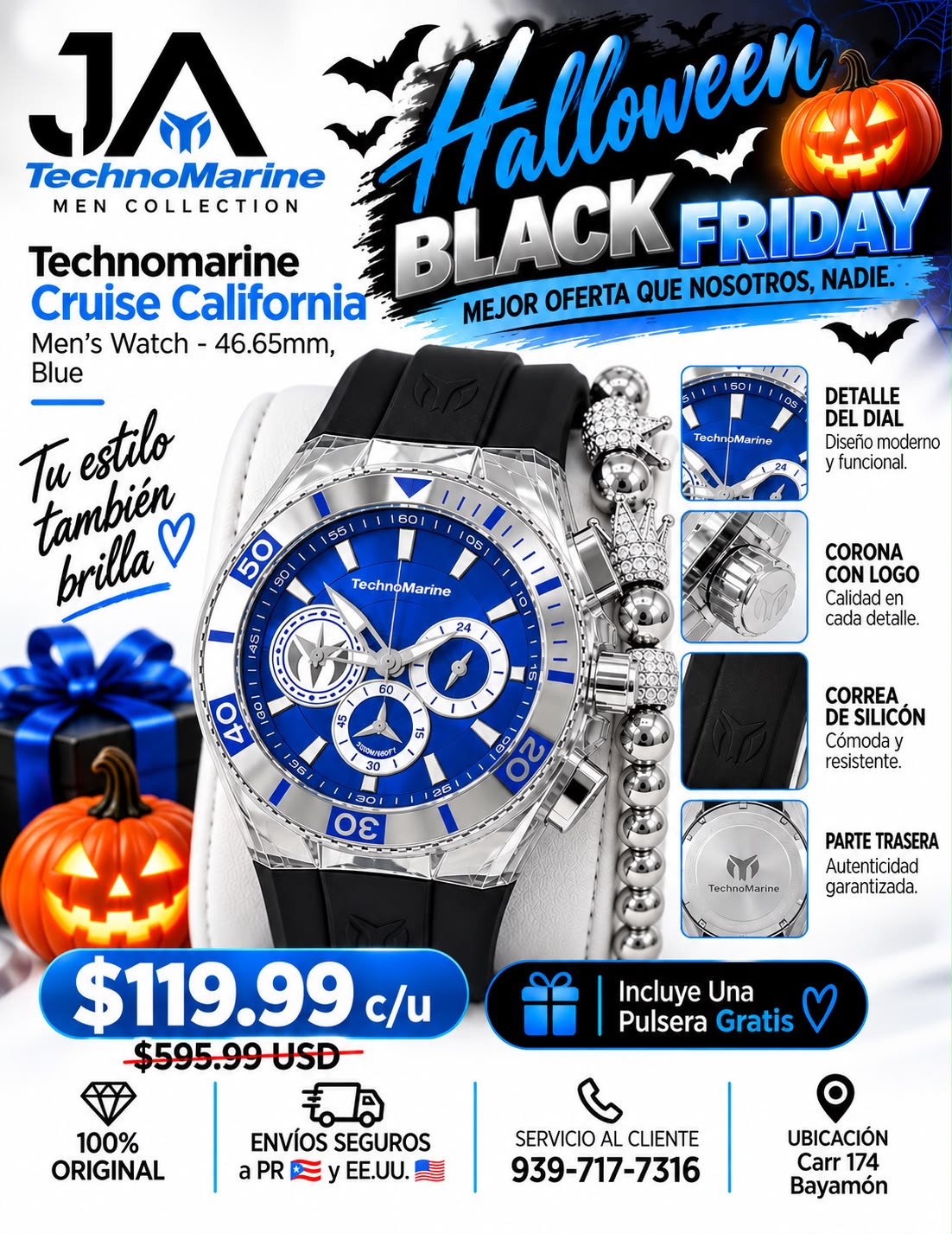 Technomarine Men's 46 MM  Cruise California Men's StainlessSteel Quartz Watch with Silicone Strap, Black