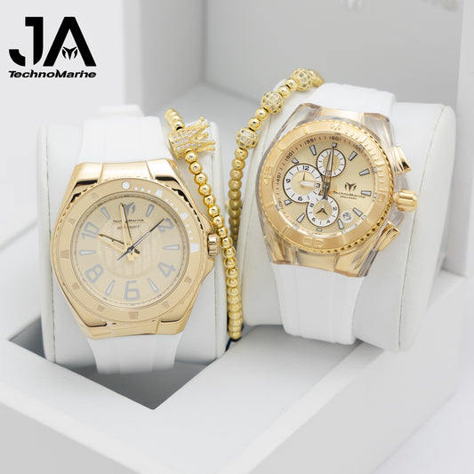 Set Two Technomarine Gold and Gold 46 mm and 40 mm Both Two white, black straps
