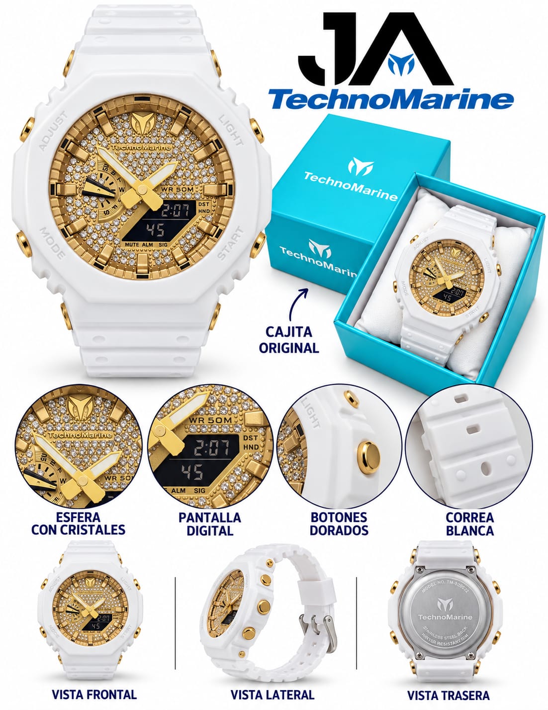 TechnoMarine HydraTech Nautilus with Stones Digital unisex Watch – White & Gold- 45.7mm Incluye pulsera gratis