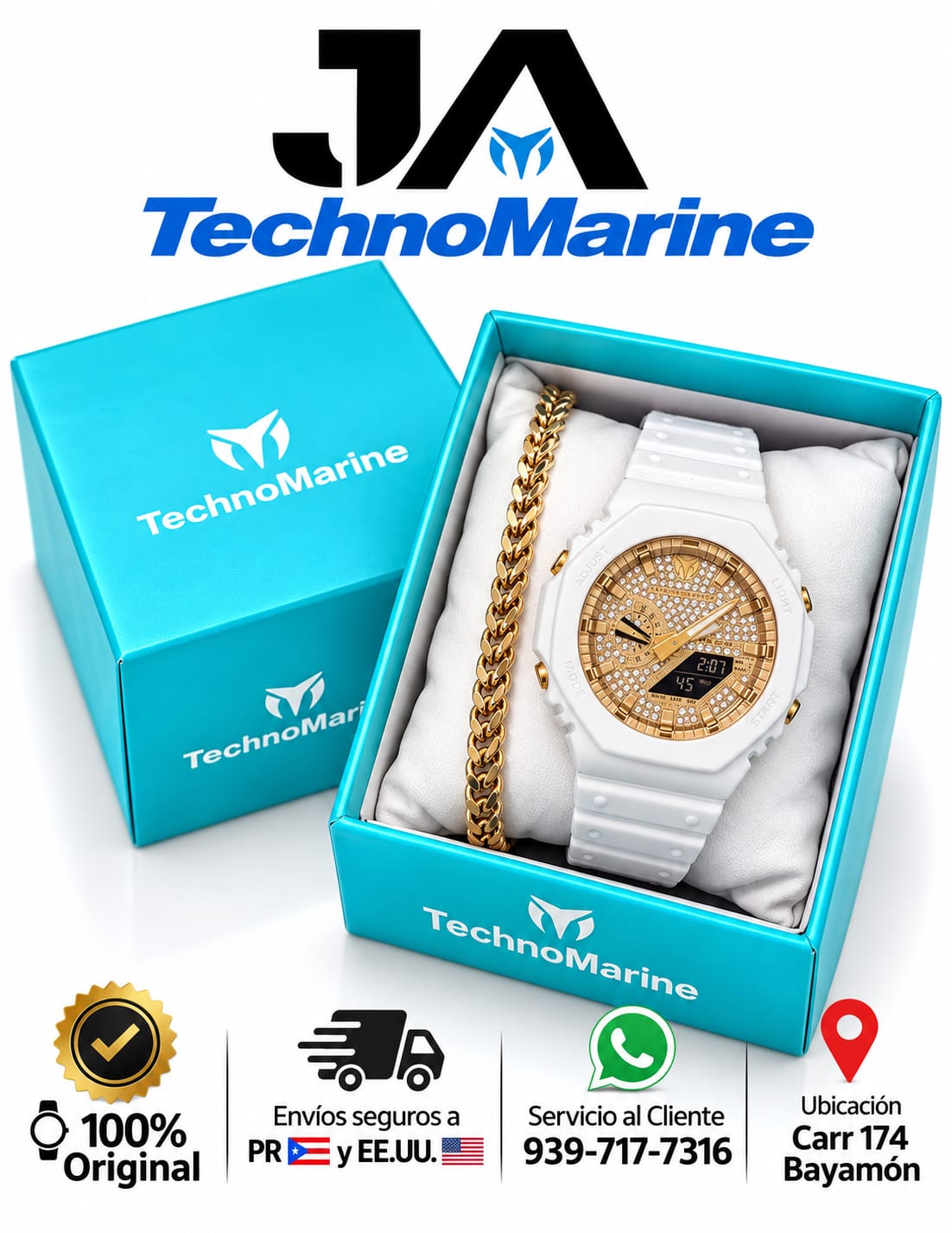 TechnoMarine HydraTech Nautilus with Stones Digital unisex Watch – White & Gold- 45.7mm Incluye pulsera gratis