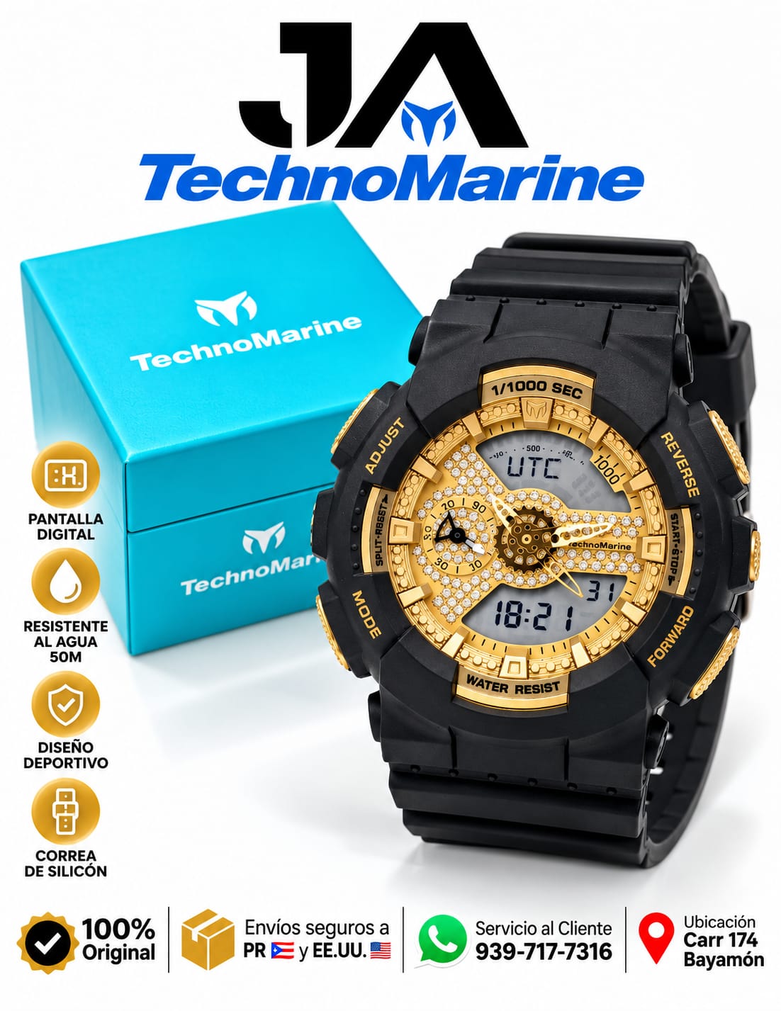 TechnoMarine HydraTech Nautilus with Digital Stone Unisex Watch –Black & Gold 51mm Incluye pulsera gratis