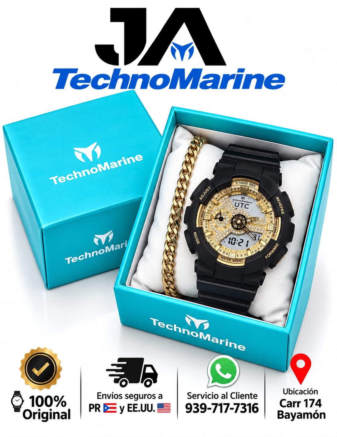 TechnoMarine HydraTech Nautilus with Digital Stone Unisex Watch –Black & Gold 51mm Incluye pulsera gratis