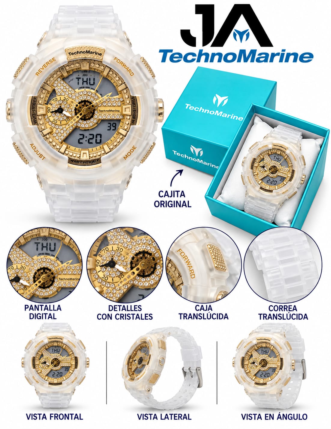 TechnoMarine HydraTech Nautilus with Digital Stone Unisex Watch – Frost/Clear & Gold 51mm Incluye pulsera gratis