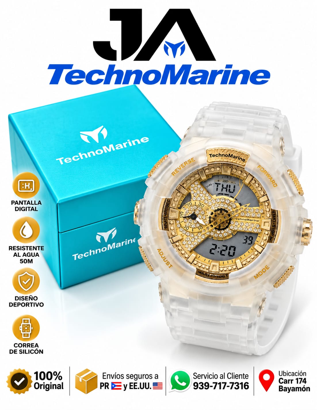 TechnoMarine HydraTech Nautilus with Digital Stone Unisex Watch – Frost/Clear & Gold 51mm Incluye pulsera gratis