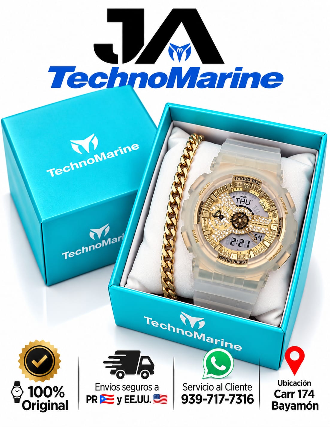 TechnoMarine HydraTech Nautilus with Digital Stone Unisex Watch – Frost/Clear & Gold 51mm Incluye pulsera gratis