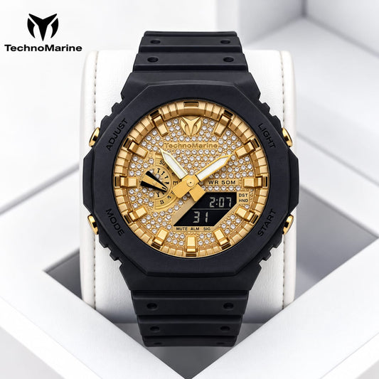 TechnoMarine HydraTech Nautilus with Stones Digital unisex Watch – black & Gold- 45.7mm Incluye pulsera gratis