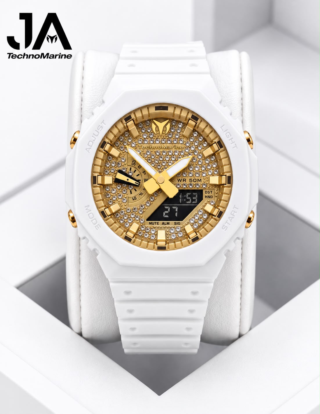 TechnoMarine HydraTech Nautilus with Stones Digital unisex Watch – White & Gold- 45.7mm Incluye pulsera gratis