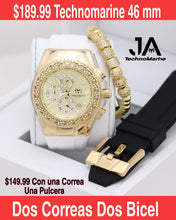 Cargar imagen en el visor de la galería, Technomarine Gold &amp; Gold Diamond 46mm Dos Correas
