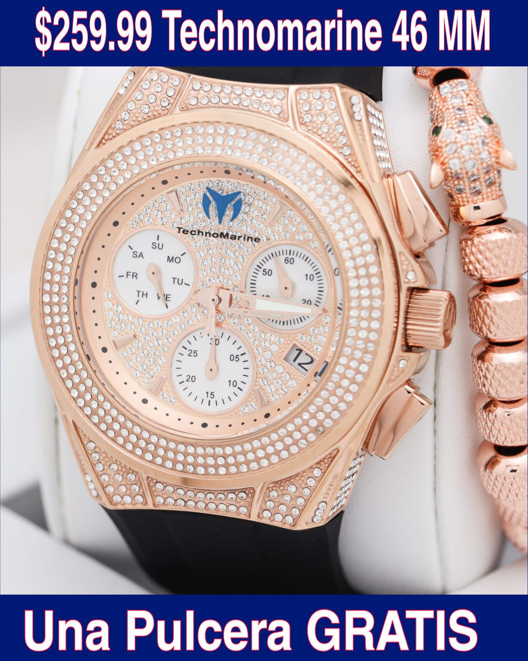 Technomarine (Pave) Cruise Collection Maquina Suiza Color Oro Rosado Una Pulsera Gratis