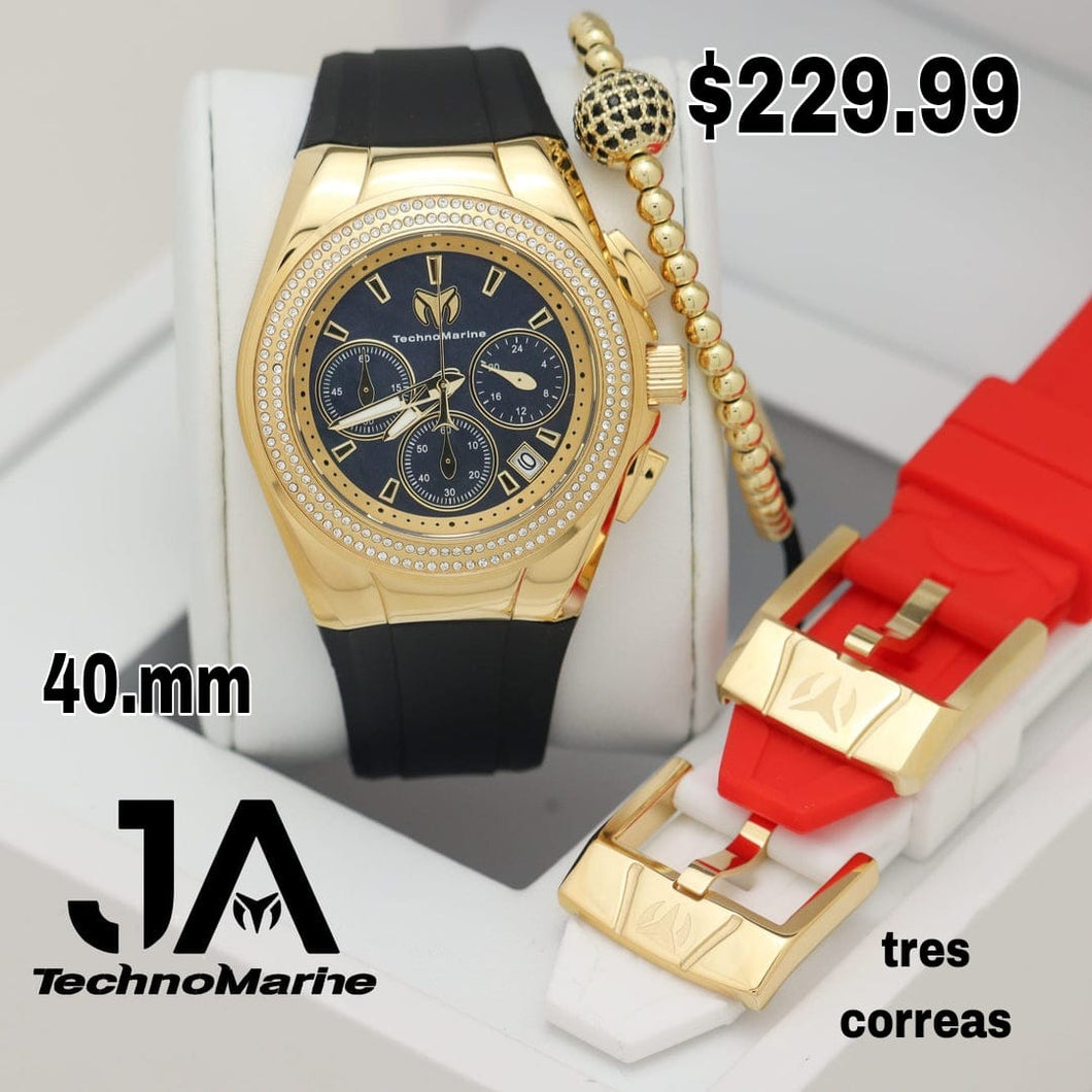 TechnoMarine Pave 40mm Para (Mujer ) Gold tornasol Tres Correas Una Pulsera Gratis