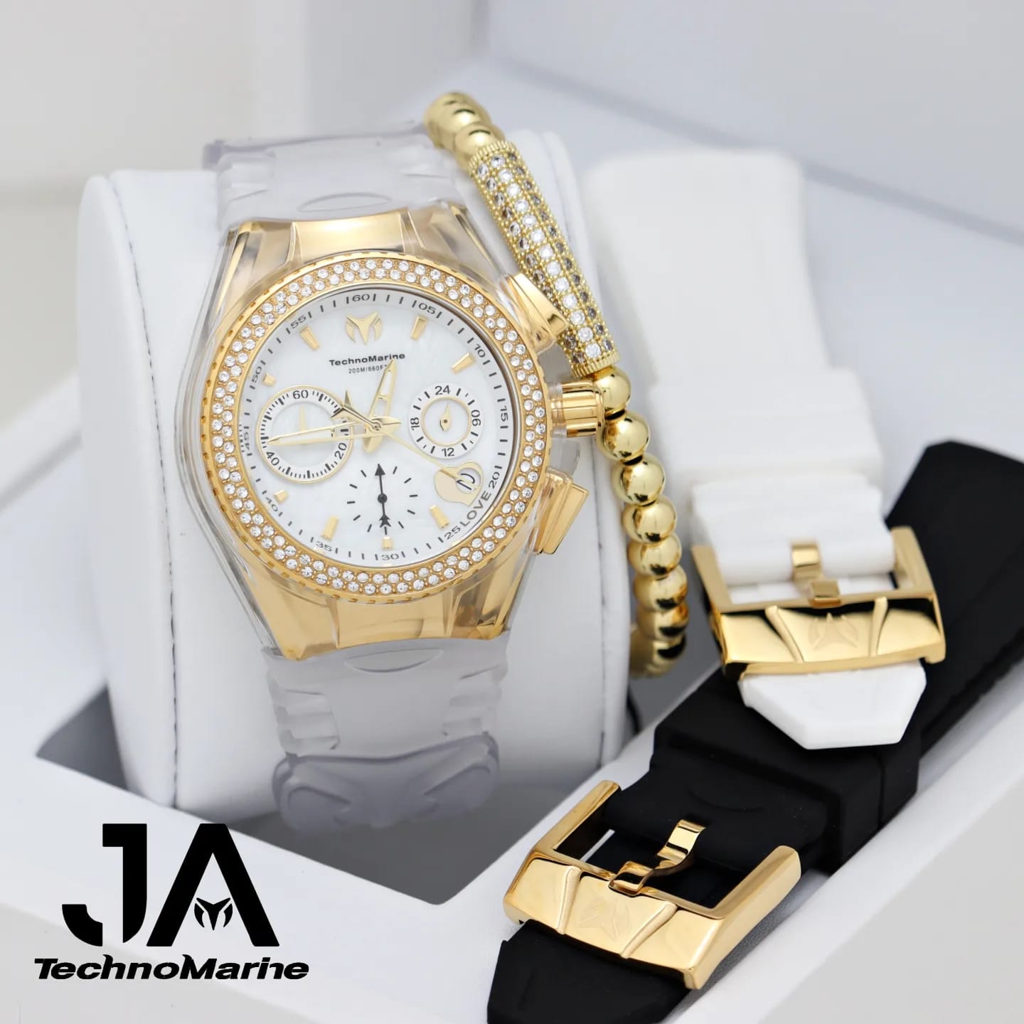 𝐓𝐄𝐂𝐇𝐍𝐎𝐌𝐀𝐑𝐈𝐍𝐄 Valentine Gold PVD Women's Watch 40.mm Three Straps Clear, White, Black