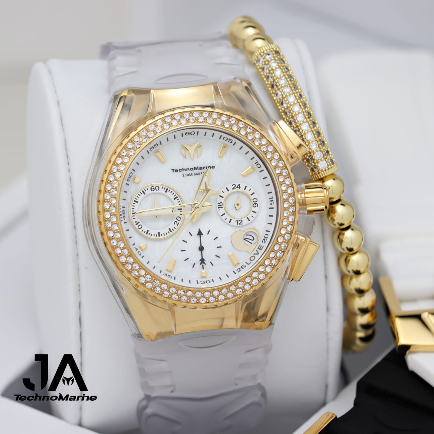 𝐓𝐄𝐂𝐇𝐍𝐎𝐌𝐀𝐑𝐈𝐍𝐄 Valentine Gold PVD Women's Watch 40.mm Three Straps Clear, White, Black