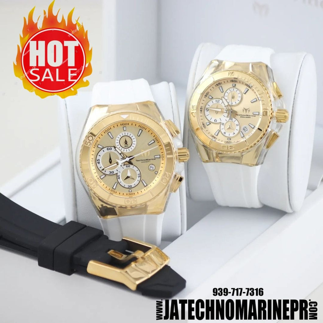 Set Two Technomarine Gold and Gold 46 mm and 40 mm Both Two white, black straps